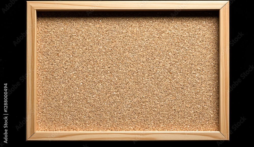 Fototapeta premium Blank corkboard framed by light brown wood, square-shaped on black.