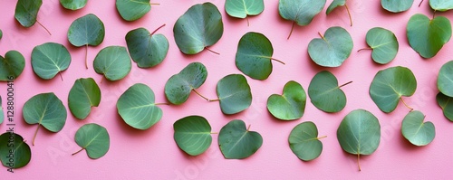 Eucalyptus branches and leaves are arranged on a soft pink background, creating a repeating pattern, shot from above in a flat lay style with space to add text or images for a banner