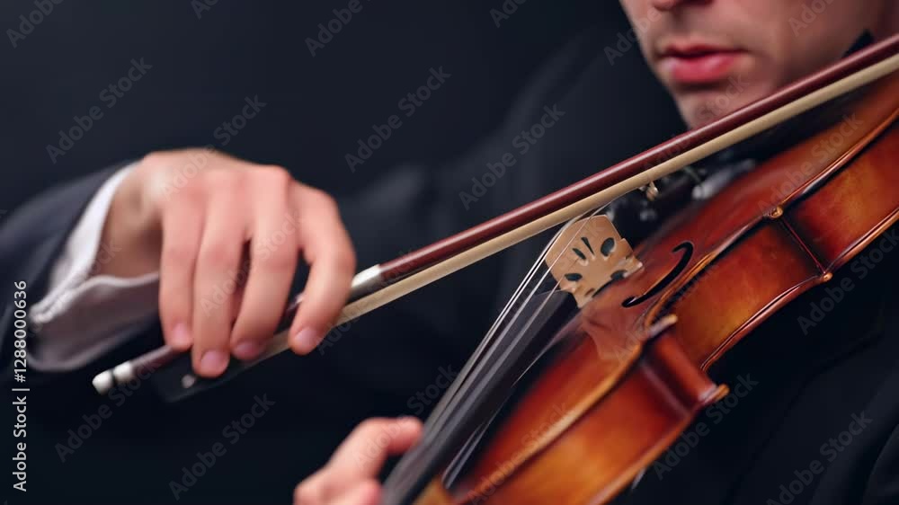 A violinist in formal attire skillfully plays the violin, highlighting the intricate details of the instrument and the musician's technique. A violinist in formal attire skillfully plays the violin, highlighting the intricate details of the instrument and the musician's technique.