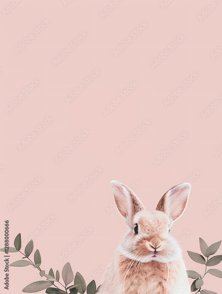 Fototapeta premium Adorable bunny rabbit with delicate green leaves against a soft pink background. Perfect for spring or Easter themes.