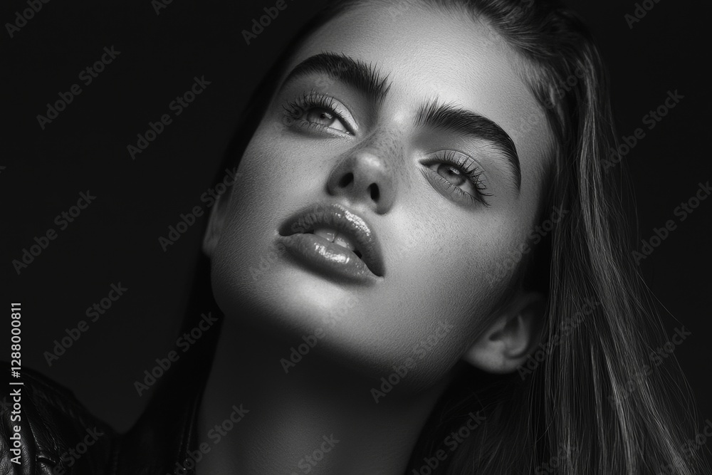 A close-up black and white portrait of an attractive young model highlights her cute and sensual features, with a focus on her healthy and perfect skin, achieved through effective skincare and facial A close-up black and white portrait of an attractive young model highlights her cute and sensual features, with a focus on her healthy and perfect skin, achieved through effective skincare and facial
