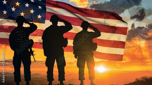 American army soldiers salute at sunset against a backdrop of the United States flag, honoring their service and commitment to the country during a serene evening