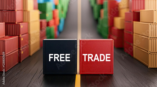 Conceptual image representing free trade with colorful containers in the background, highlighting trade balance and economic growth.