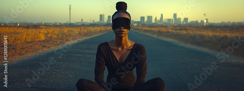 African woman with black blindfold sits on road protest in USA