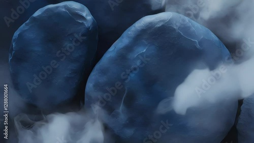 Dark blue stones in the fog, stone blocks with a foggy effect of a deep dark blue tone