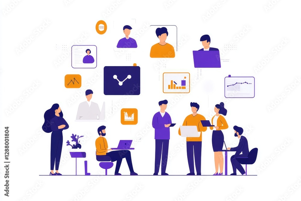 A dynamic business-themed vector showing a group of diverse people interacting through various communication methods, represented by floating icons A dynamic business-themed vector showing a group of diverse people interacting through various communication methods, represented by floating icons
