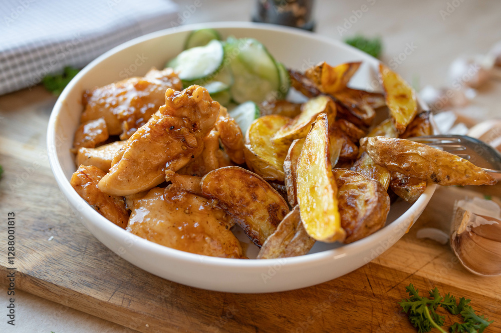 Chopped and pan fried chicken breast in a delicious honiy, butter, garlic sauce with potato wedges and cucumber salad