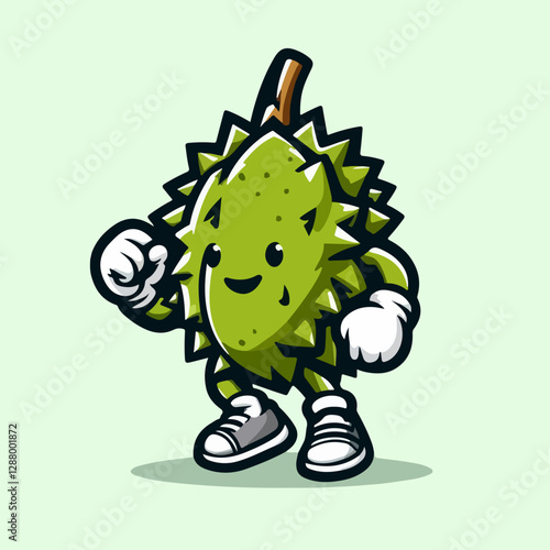 Durian Mascot in Action: A vibrant and energetic cartoon illustration of a durian fruit mascot. it is showing strength, vitality, and a playful spirit.