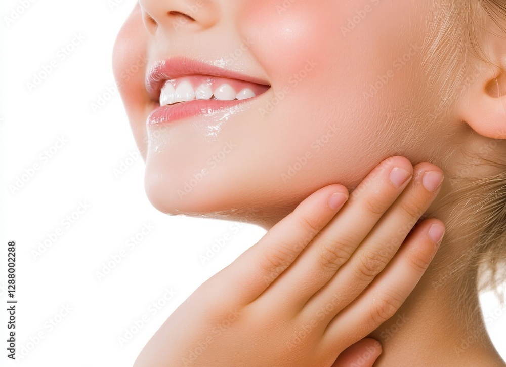 A close-up shot of a beautiful woman's face showcases her natural makeup and a delicate hand touching her face, accompanied by a stunning smile A close-up shot of a beautiful woman's face showcases her natural makeup and a delicate hand touching her face, accompanied by a stunning smile