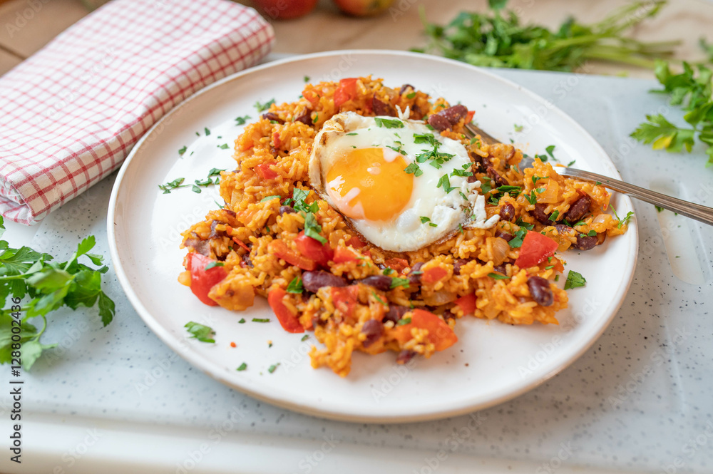 Spicy vegetables rice and bean dish with fried egg fresh and homemade cooked. Healthy gluten free and vegetarian food Spicy vegetables rice and bean dish with fried egg fresh and homemade cooked. Healthy gluten free and vegetarian food