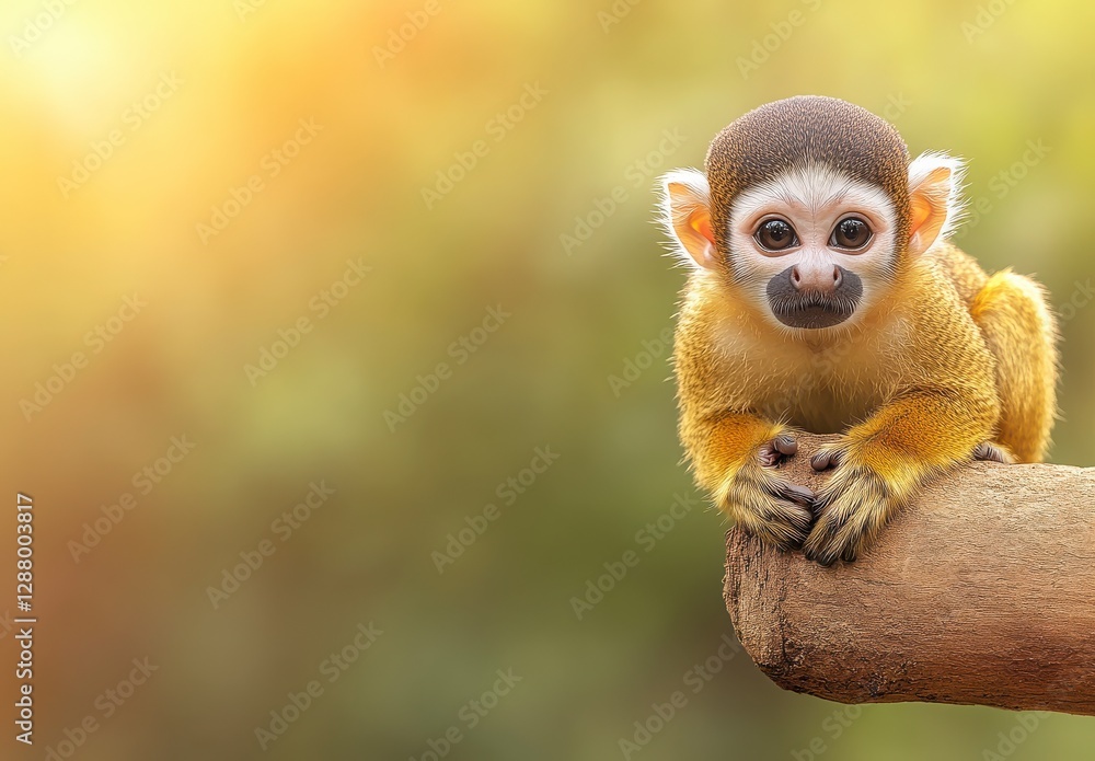 Obraz premium Adorable Young Monkey Sitting on Branch in Sunlit Environment