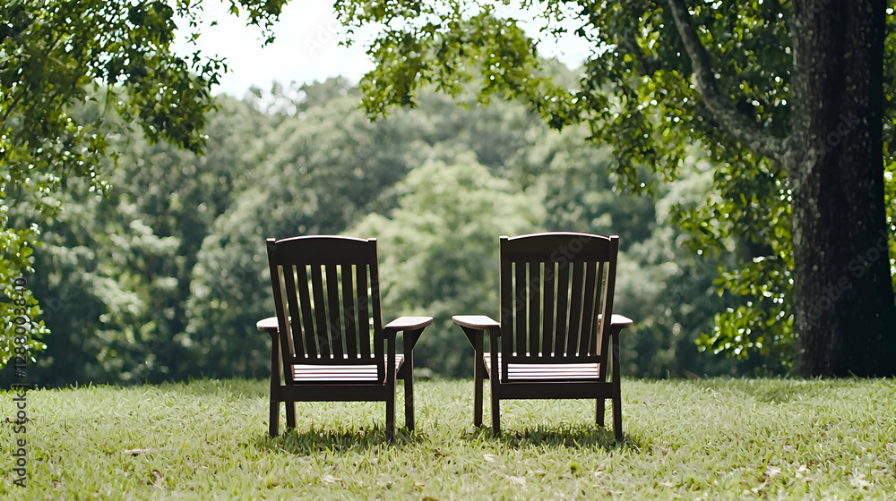 Two Wooden Chairs on a Green Lawn with a Forest Background Two Wooden Chairs on a Green Lawn with a Forest Background