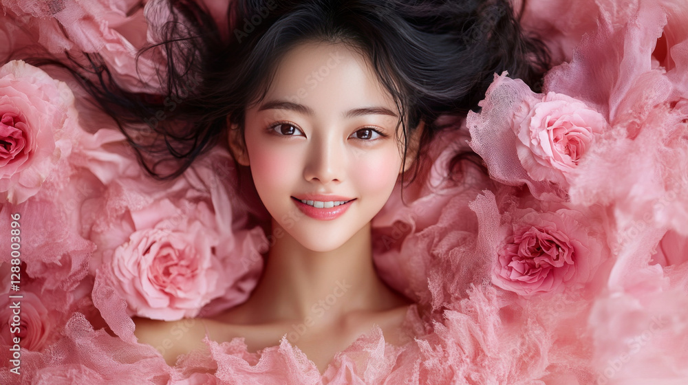 woman surrounded by pink roses and soft fabric smiles warmly, creating dreamy and romantic atmosphere. Her serene expression and delicate floral setting evoke sense of beauty and tranquility woman surrounded by pink roses and soft fabric smiles warmly, creating dreamy and romantic atmosphere. Her serene expression and delicate floral setting evoke sense of beauty and tranquility