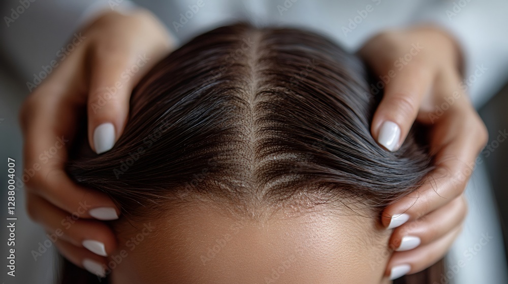 Naklejka premium Doctor examining patient's scalp for hair loss and dandruff
