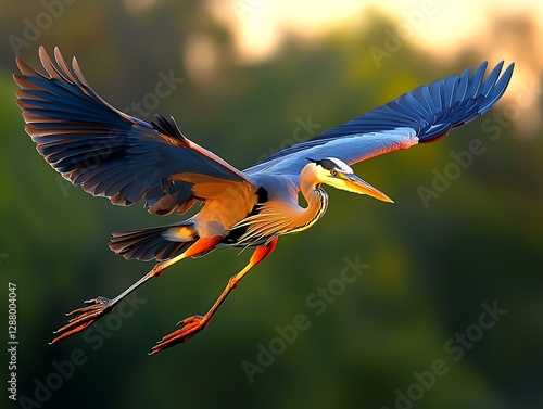 Heron in flight over forest photo