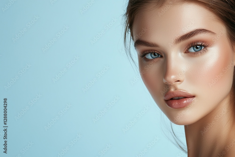 Obraz premium The camera captures a beautiful brunette woman who embodies sensuality, with a clean face and subtle nude makeup that accentuates her perfect skin