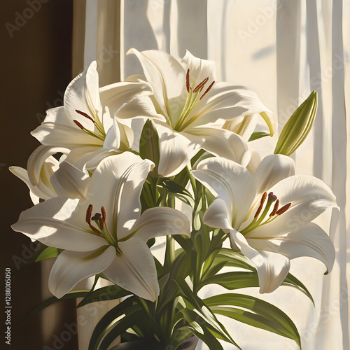 Cose-up of a bouquet of easter lilies in full bloom, with sunlight streaming through the window, creating soft shadows.