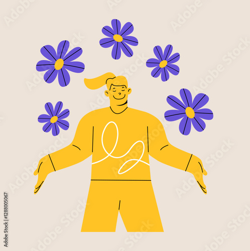 Woman happy and feeling free. Freedom. Calm and peaceful concept. Colorful vector illustration