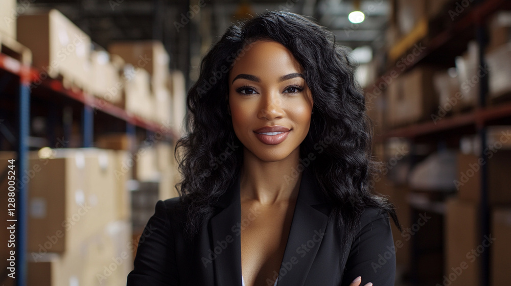 A confident businesswoman stands in a warehouse, exuding professionalism and leadership among shelves stocked with boxes, ready to tackle any challenge in her environment. A confident businesswoman stands in a warehouse, exuding professionalism and leadership among shelves stocked with boxes, ready to tackle any challenge in her environment.