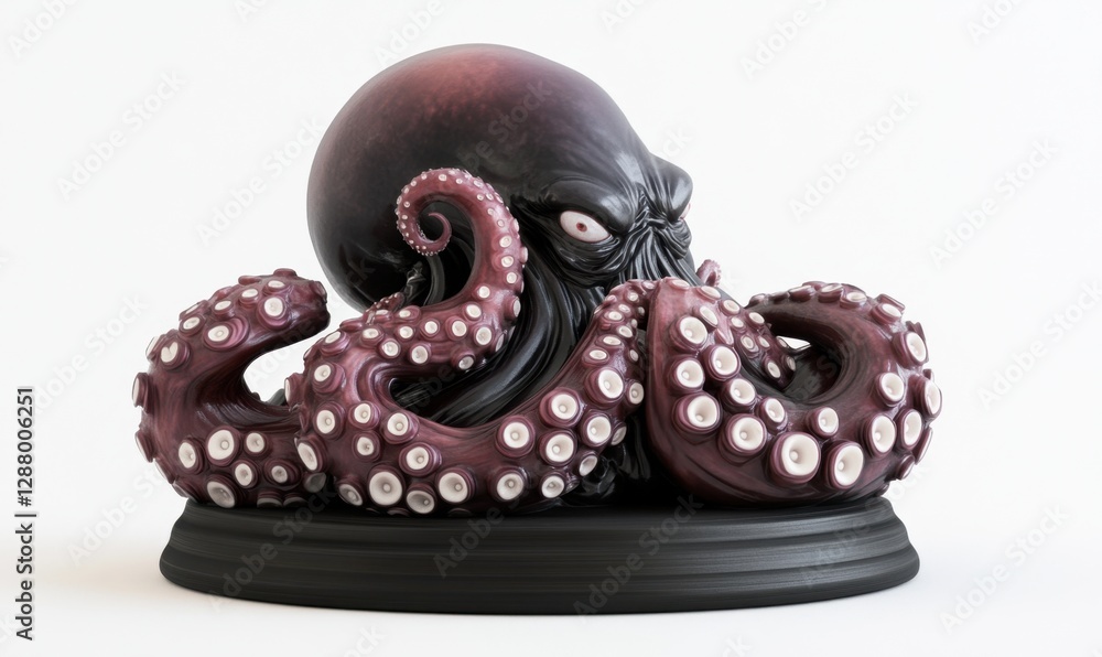 Purple octopus figurine on black base, white background, ideal for fantasy art Purple octopus figurine on black base, white background, ideal for fantasy art