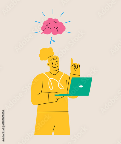 Woman doing brainstorming about work online on website. Colorful vector illustration