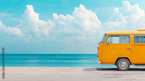 Travelers embark on a journey by the sea in a vintage camper van or an old combi during a summer trip to the beach, creating a unique vacation or holiday experience that combines adventure, freedom,