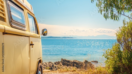 During a summer beach vacation or holiday, a vintage camper van or old combi typically takes travelers on an adventure-filled journey along the coast, offering a mix of freedom, tourism, and the