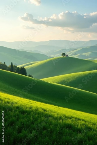 Rolling hills of Val d Orcia bathed in soft morning light, rolling hills, photo