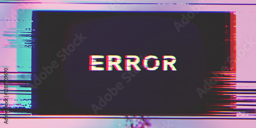 TV screen texture with glitch text ERROR. HDTV no signal problems. Bad TV signal on TV screen Noise of motion background lines. Glitch VHS concept. Glitch camera effect. Video rewind texture