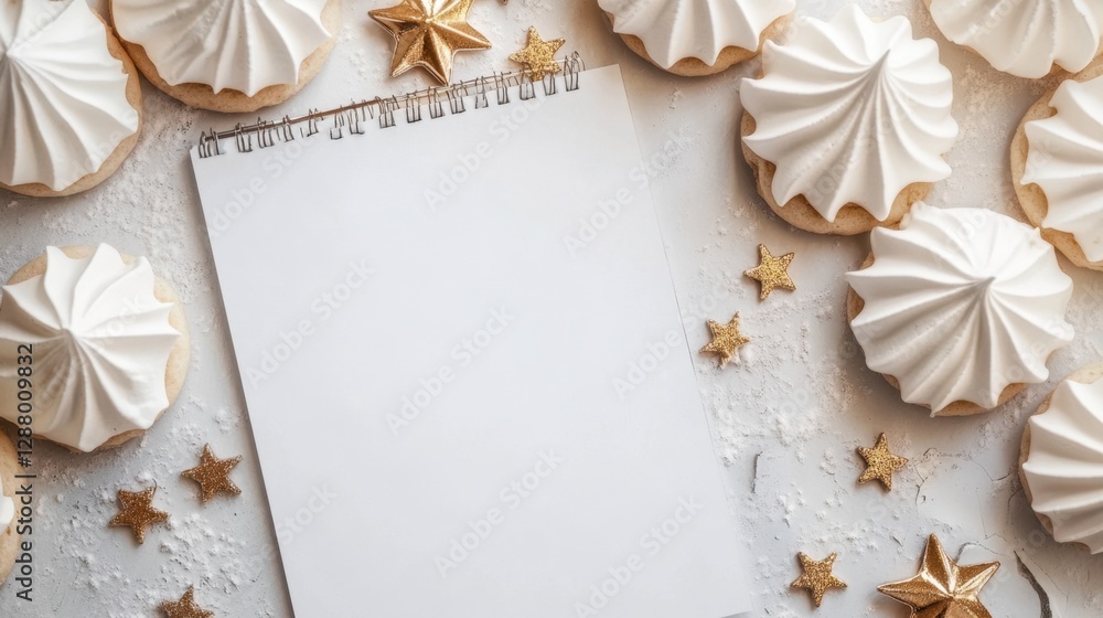 Soft and airy meringue cookies beside a blank page, with glistening gold stars creating an elegant and celebratory mockup scene. Soft and airy meringue cookies beside a blank page, with glistening gold stars creating an elegant and celebratory mockup scene.