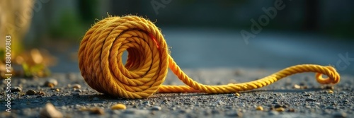 Rope coil on the ground with an unattached end, hang, rolled up rope