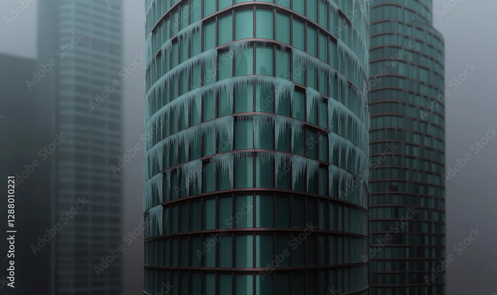Blocks of ice hang from the exterior of a skyscraper after a rainfall, showcasing winter's chill in a vibrant urban setting Blocks of ice hang from the exterior of a skyscraper after a rainfall, showcasing winter's chill in a vibrant urban setting