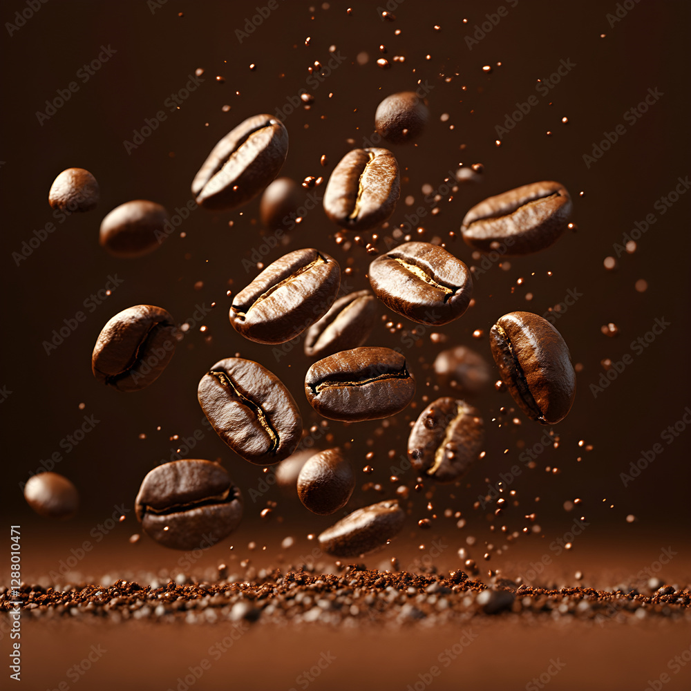 Roasted coffee beans falling on ground coffee Roasted coffee beans falling on ground coffee