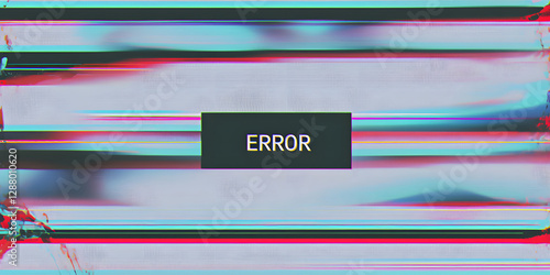 TV screen texture with glitch text ERROR. HDTV no signal problems. Bad TV signal on TV screen Noise of motion background lines. Glitch VHS concept. Glitch camera effect. Video rewind texture