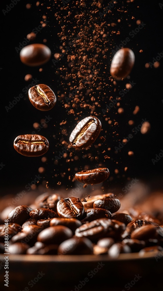 Roasted coffee beans and ground coffee falling on a pile of beans Roasted coffee beans and ground coffee falling on a pile of beans