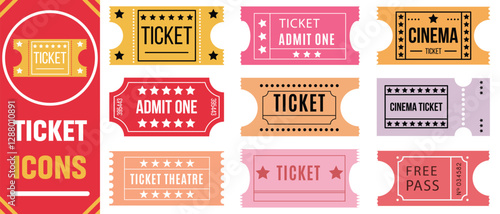 Ticket icon set. ticket cinema movie theater film vector icon. ticket glyph icon. Ticket admit icon set. Movie ticket stub sign. Line raffle ticket icon.
