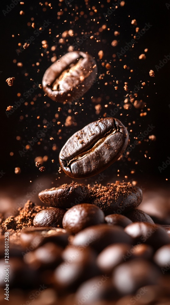 Roasted coffee beans falling on a pile of ground coffee Roasted coffee beans falling on a pile of ground coffee