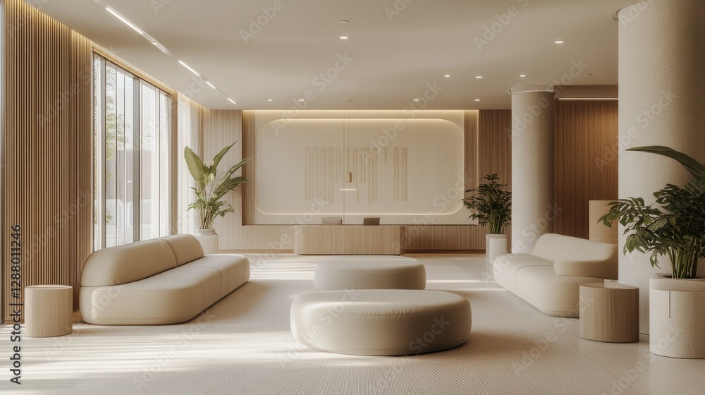 Spacious healthcare facility waiting area with neatly arranged seats and a neutral color palette. Spacious healthcare facility waiting area with neatly arranged seats and a neutral color palette.