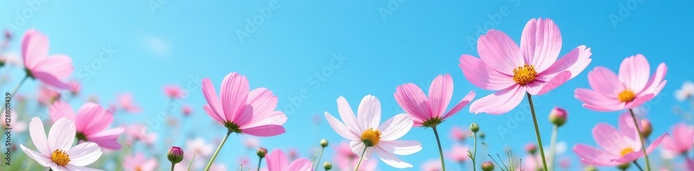 Soft pink cosmos blooms against a bright blue sky, nature, flowers Soft pink cosmos blooms against a bright blue sky, nature, flowers