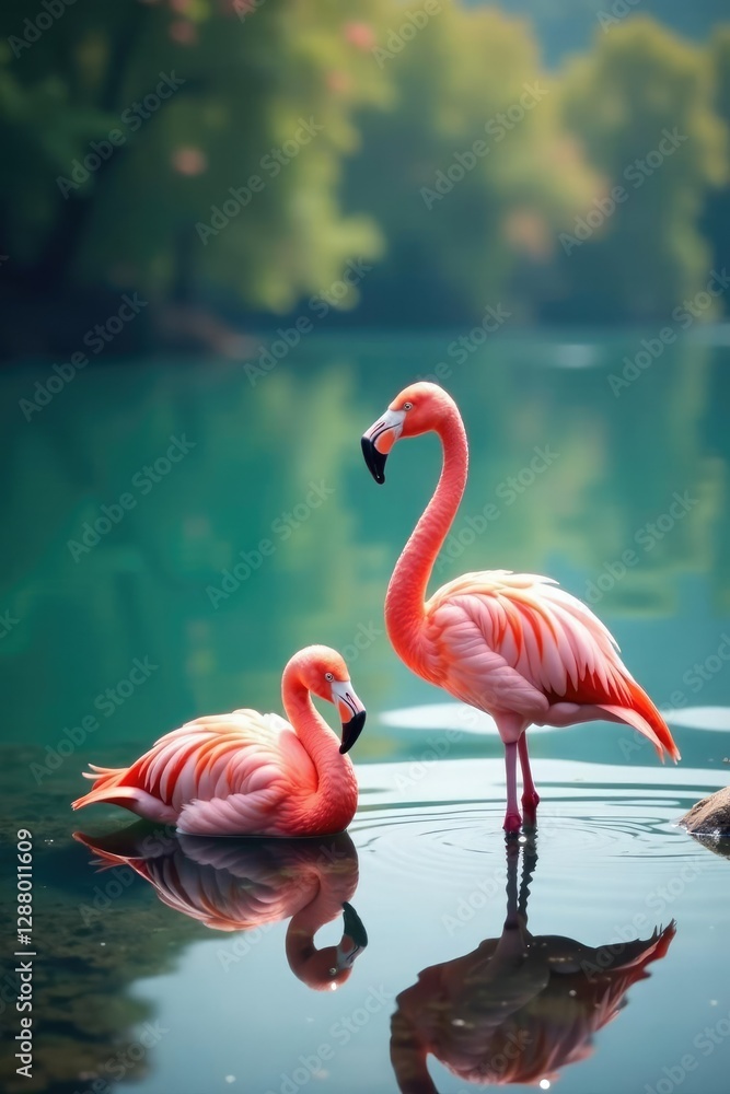 Fototapeta premium Soft pink flamingos rest on serene lake shore, flora, water