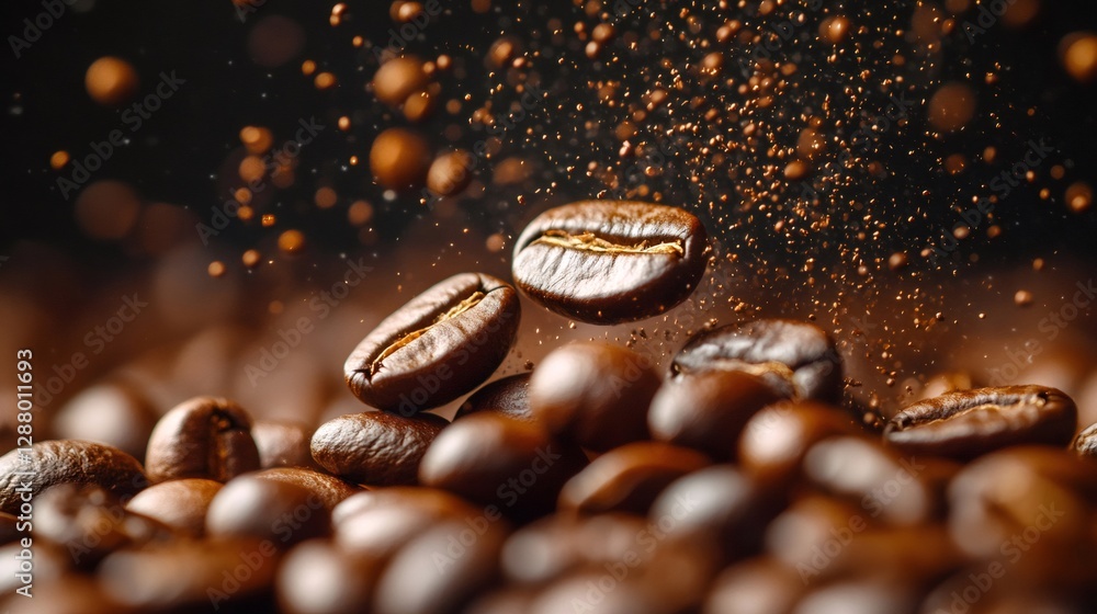 Roasted coffee beans falling and creating dust Roasted coffee beans falling and creating dust