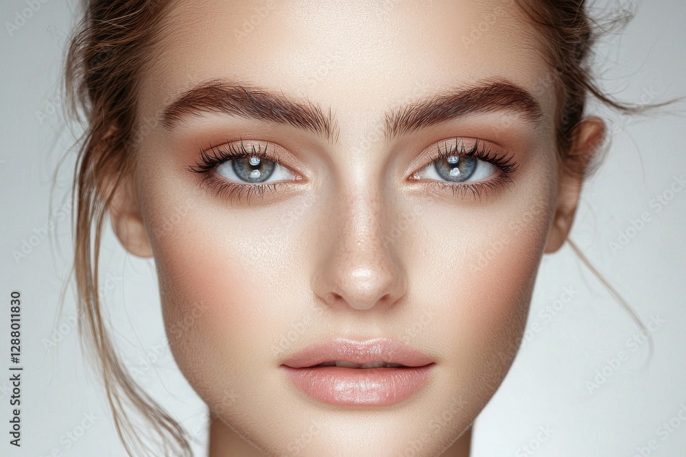 The image features a stunning young model with healthy, fresh skin in a close-up portrait, isolated on a white background, showcasing beauty and spa treatments The image features a stunning young model with healthy, fresh skin in a close-up portrait, isolated on a white background, showcasing beauty and spa treatments