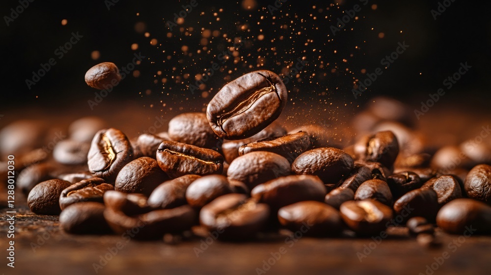 Roasted coffee beans falling and creating dust cloud Roasted coffee beans falling and creating dust cloud
