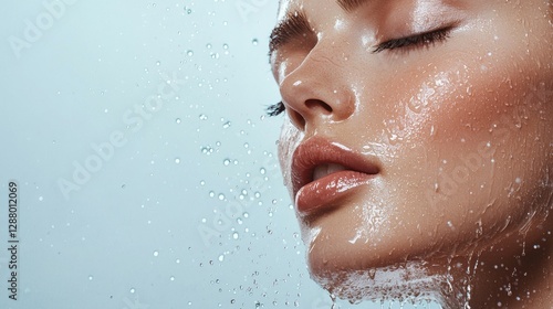 The face of a peaceful woman is depicted with water splashing around her in a harmonious manner, symbolizing natural skin care and beauty