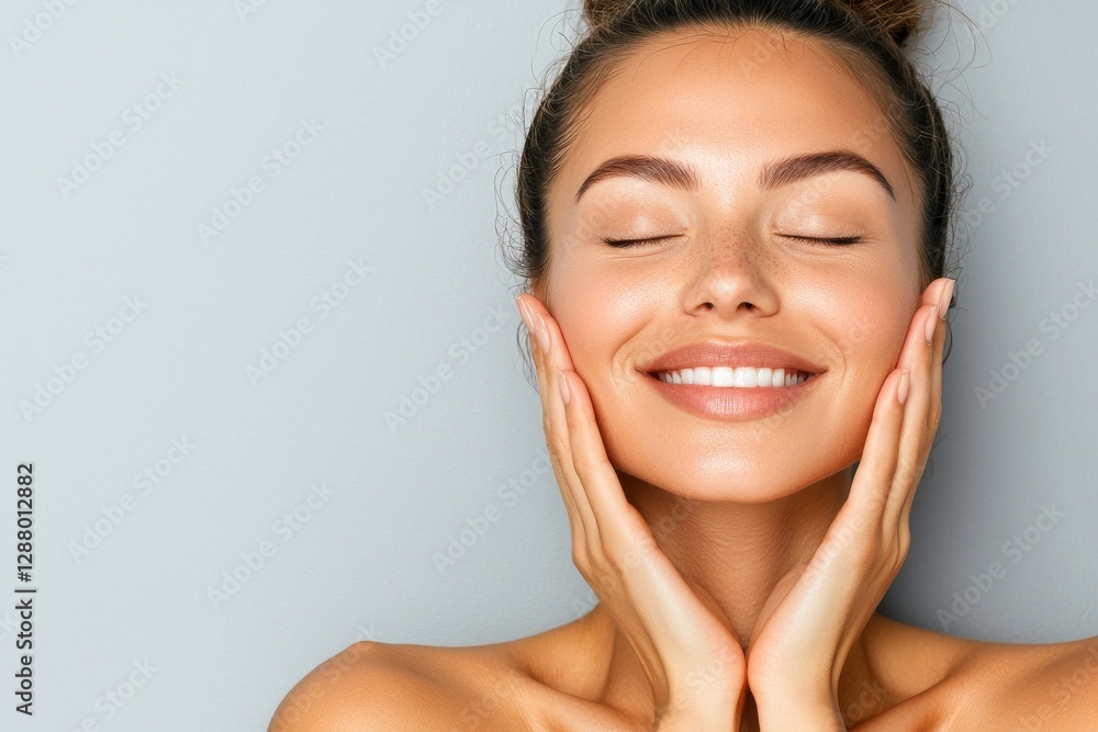 In a close-up view, a gorgeous and healthy young girl is captured while posing with a beautiful gesture
