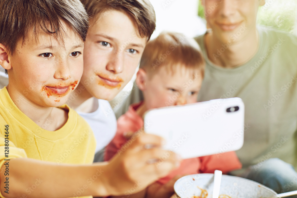 Four brothers taking selfie with faces full of tomato sauce Four brothers taking selfie with faces full of tomato sauce