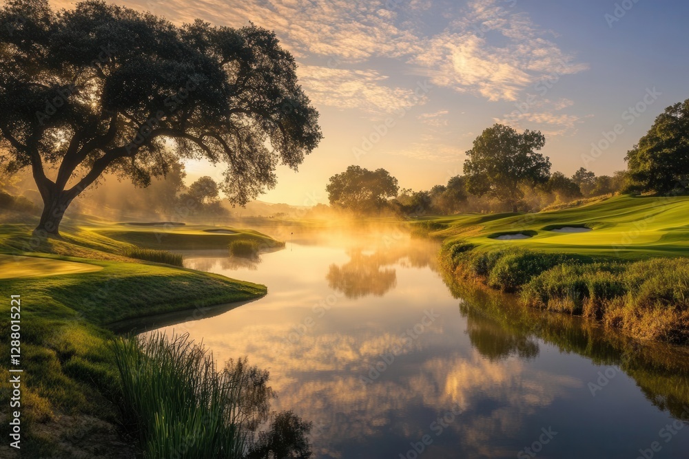 Obraz premium luxurious golf resort at sunset, rolling green fairways bordered by ancient oak trees, misty water hazards reflecting golden sky