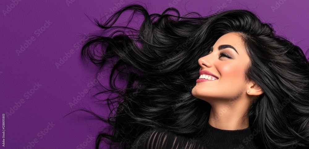The portrait features a smiling young woman with long black hair, showcasing skin care and beauty with a purple background and copy space The portrait features a smiling young woman with long black hair, showcasing skin care and beauty with a purple background and copy space