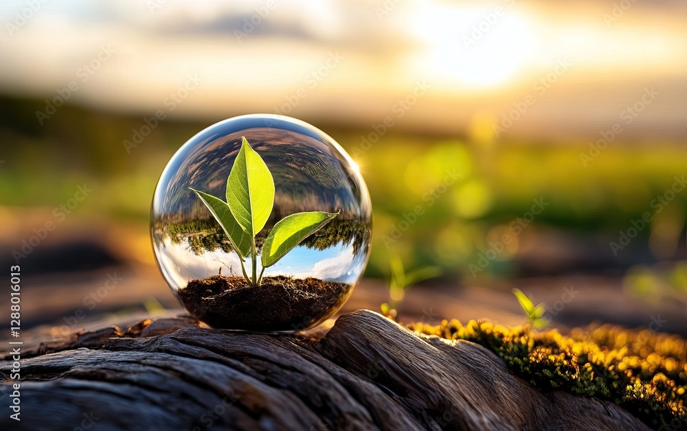 Fototapeta premium A clear glass sphere showcases a small green plant inside, resting on a log, with a vibrant sunset illuminating the backdrop.