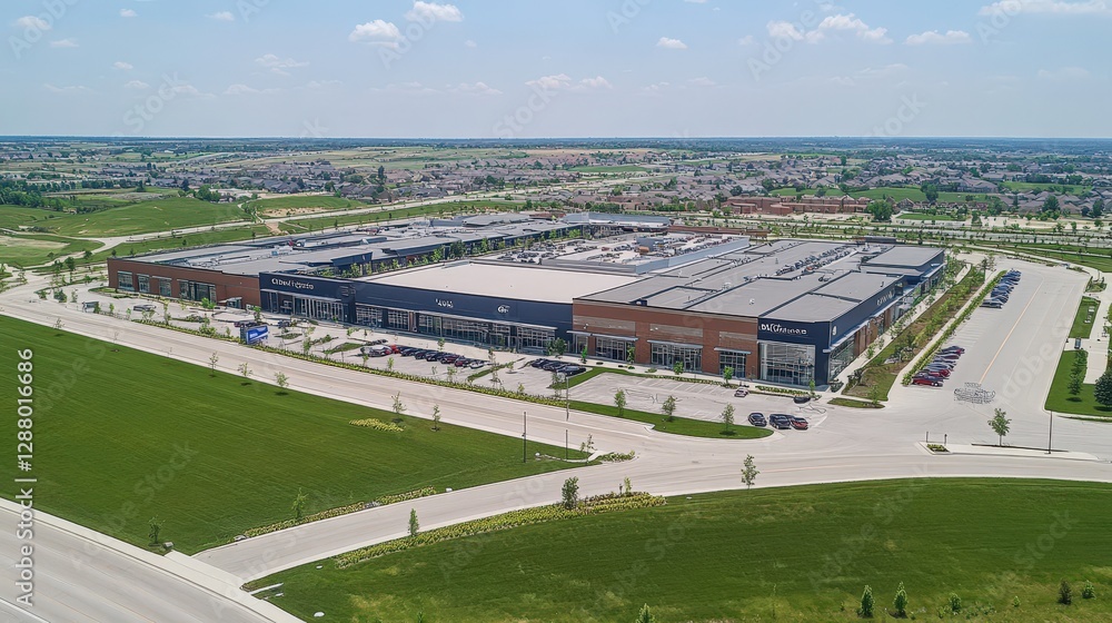 Aerial View of Modern Commercial Building Surrounded by Green Landscape Aerial View of Modern Commercial Building Surrounded by Green Landscape